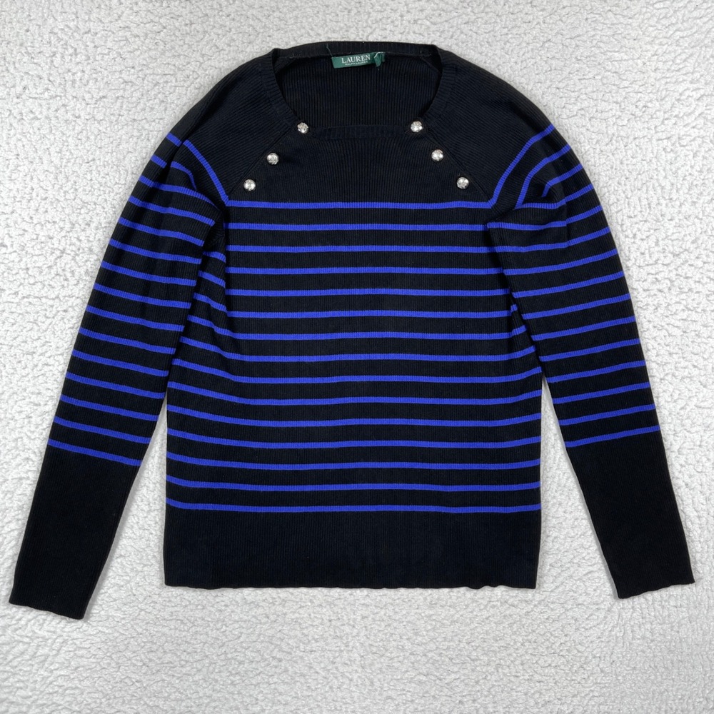 Lauren Ralph Lauren Sweater Womens XL Black Blue Striped Button Nautical Preppy